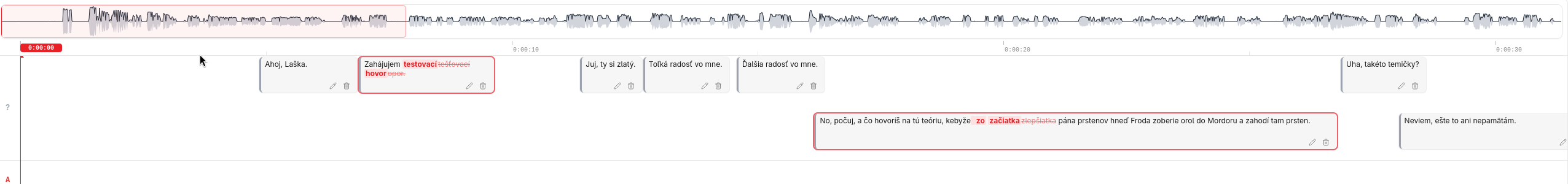 A idővonal áttekintése: a szegmensek beszélők szerinti sávokra bontva.