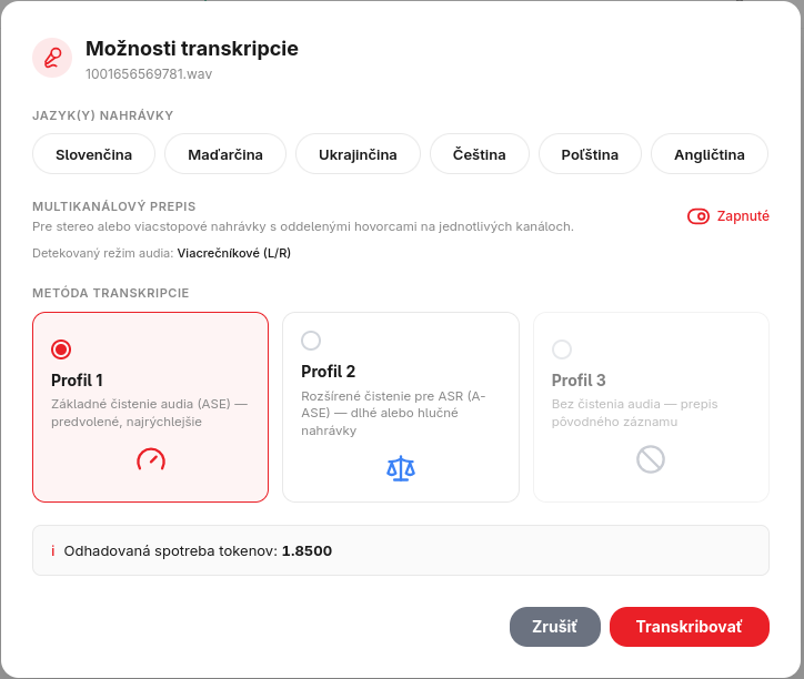 Átirat beállításai ablak: nyelvválasztás, többcsatornás átirat, 1–3. profil és tokenbecslés.