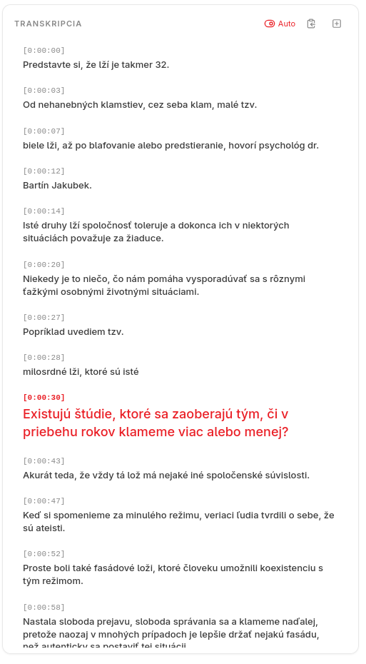 Átirat panel: a szöveg időbélyeggel ellátott szegmensekre bontva.